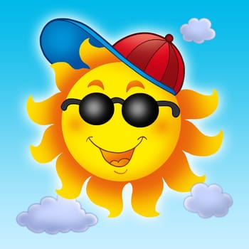 Cartoon Sun in cap on blue sky - color illustration.