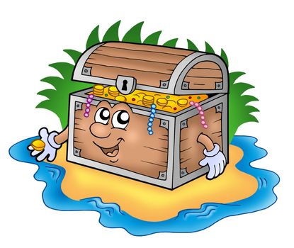 Cartoon treasure chest on island - color illustration.