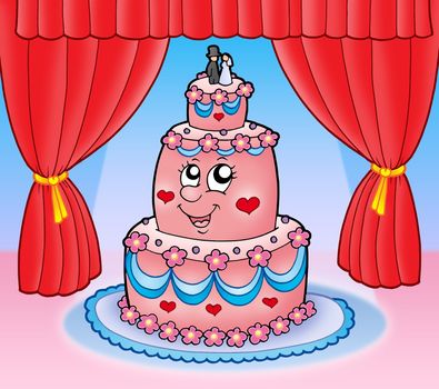 Cartoon wedding cake with curtains - color illustration.