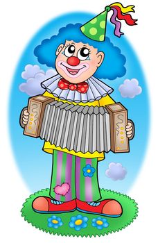 Clown with accordion  on meadow - color illustration.