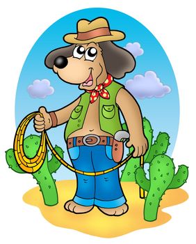 Cowboy dog with lasso in desert - color illustration.