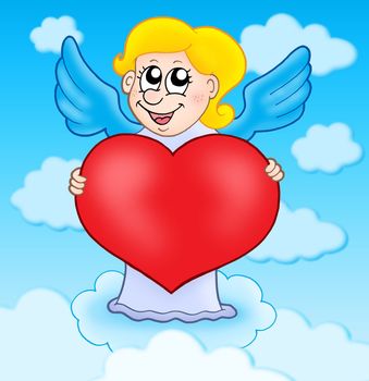 Cupid holding heart on sky - color illustration.