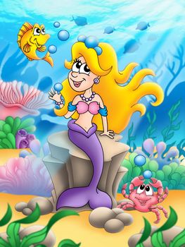 Cute blonde mermaid - color illustration.