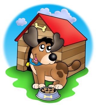 Cute dog in front of kennel - color illustration.