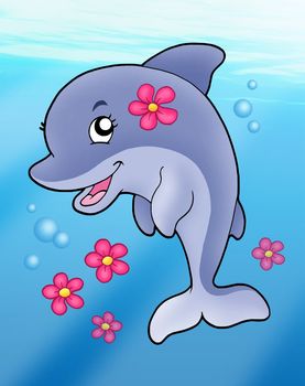 Cute dolphin girl in sea - color illustration.