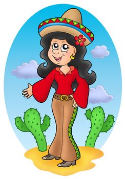 Cute Mexican girl in desert - color illustration.