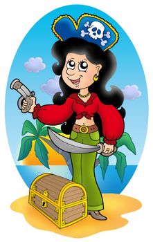 Cute pirate girl with treasure chest - color illustration.