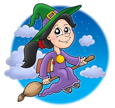 Cute witch on broom - color illustration