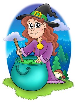 Cute witch with kettle - color illustration
