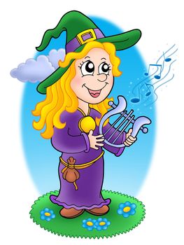 Cute witch with lyre - color illustration