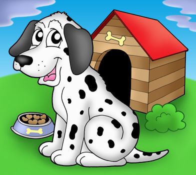 Dalmatian dog if front of kennel - color illustration.