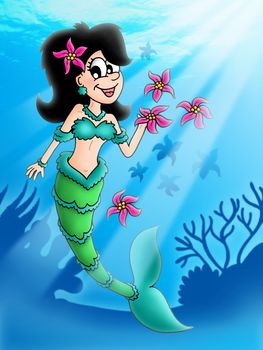 Dark hair mermaid with flowers - color illustration.
