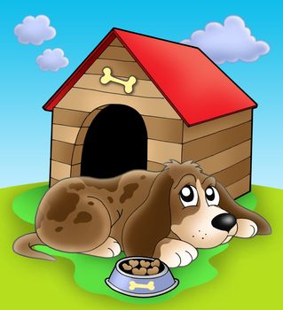 Dog resting in front of kennel - color illustration.