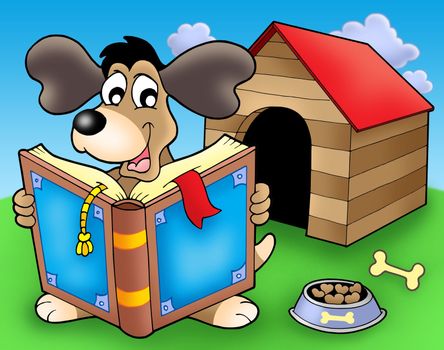 Dog with book in front of kennel - color illustration.