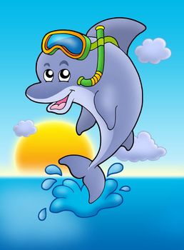 Dolphin snorkel diver with sunset - color illustration.