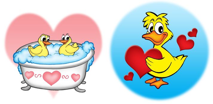 Ducks with hearts - color illustration.