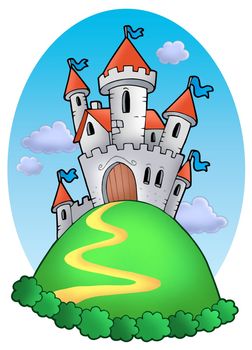 Fairy tale castle with clouds - color illustration.