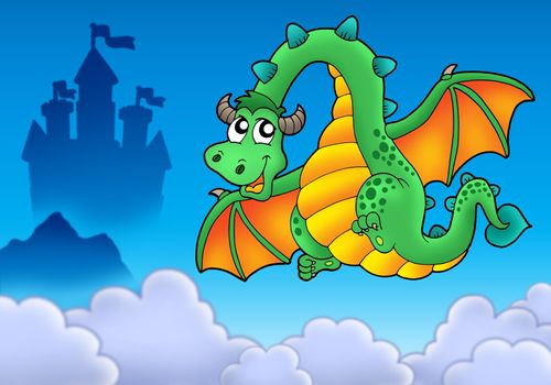 Flying green dragon with castle - color illustration.