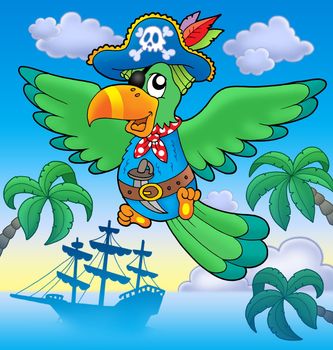 Flying pirate parrot with boat - color illustration.