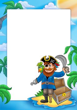 Frame with pirate on beach - color illustration.