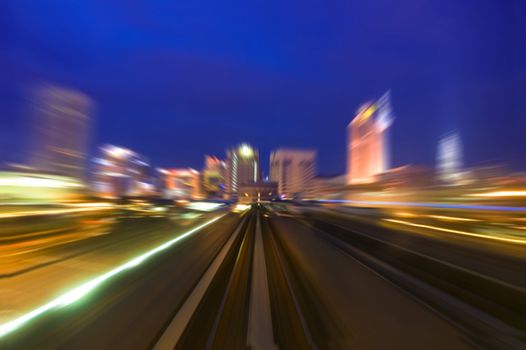 Urban night traffics view in dusk. Focus on the road. 