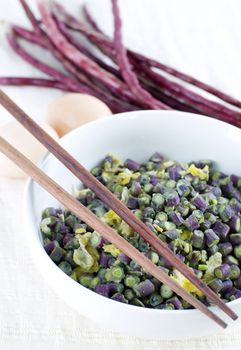 Chinese Long Beans or Yard long beans stir fried with eggs.