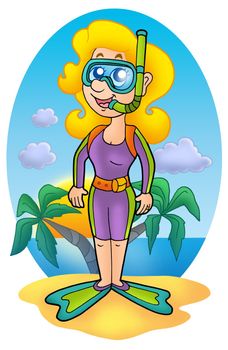 Girl snokel diver on beach - color illustration.