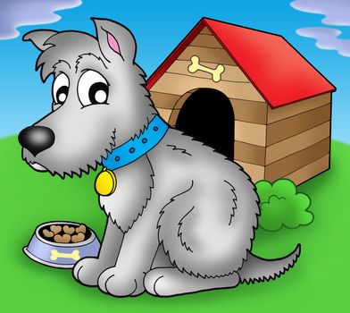 Grey dog in front of kennel - color illustration.