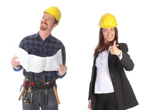 businesswoman and construction worker with architectural plans