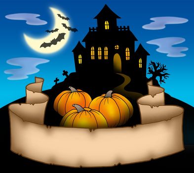 Haunted house with banner - color illustration.