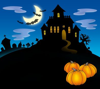 Haunted house with pumpkins - color illustration.