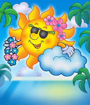 Hawaiian sun with palms - color illustration.