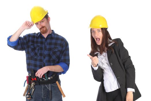 businesswoman and construction worker with architectural plans