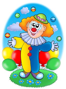 Juggling cartoon clown with balloons - color illustration.