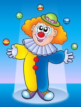 Juggling clown on blue background - color illustration.