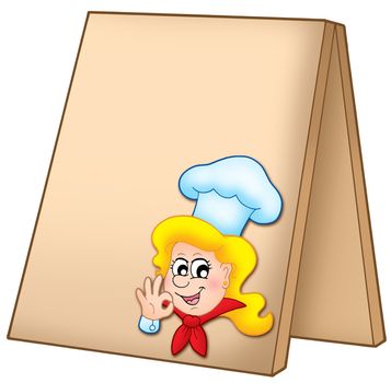 Menu board with cartoon chef woman - color illustration.