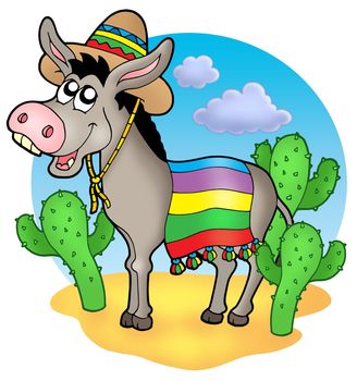 Mexican donkey in desert - color illustration.