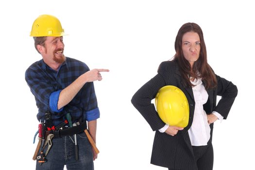 construction worker tittering and angry businesswoman on white background