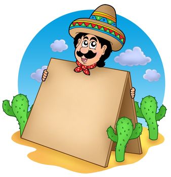 Mexican man with table in desert - color illustration.