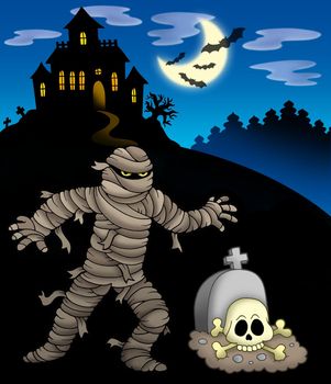 Mummy with haunted mansion - color illustration.
