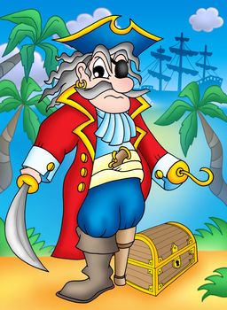Noble pirate with treasure chest - color illustration.