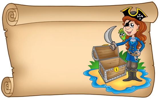 Old scroll with pirate girl - color illustration.