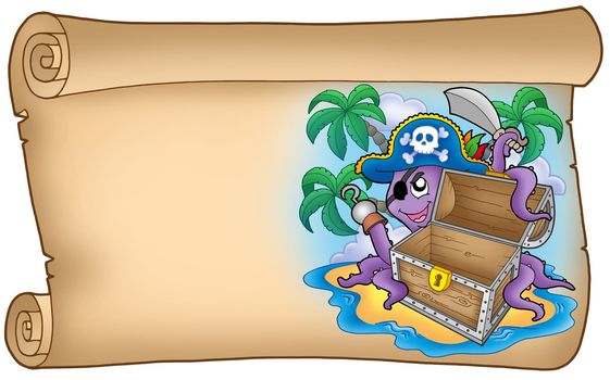 Old scroll with pirate octopus - color illustration.