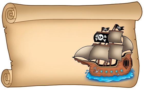 Old scroll with pirate ship - color illustration.