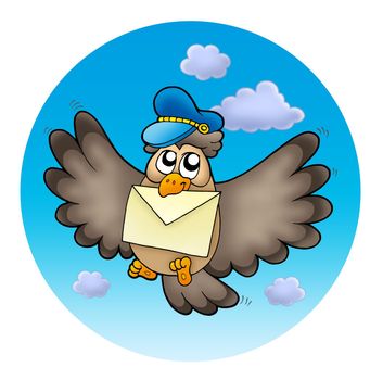 Owl postman on sky - color illustration.