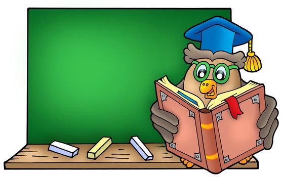 Owl teacher reading book on blackboard - color illustration.