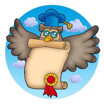 Owl teacher with diploma on sky - color illustration.