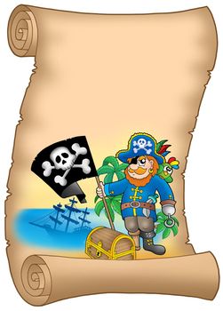 Parchment with pirate holding flag - color illustration.