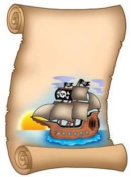 Parchment with pirate ship - color illustration.