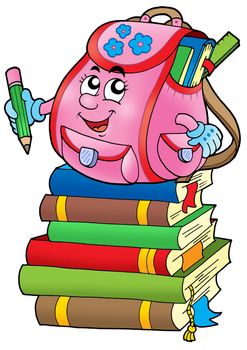 Pink school bag on books - color illustration.